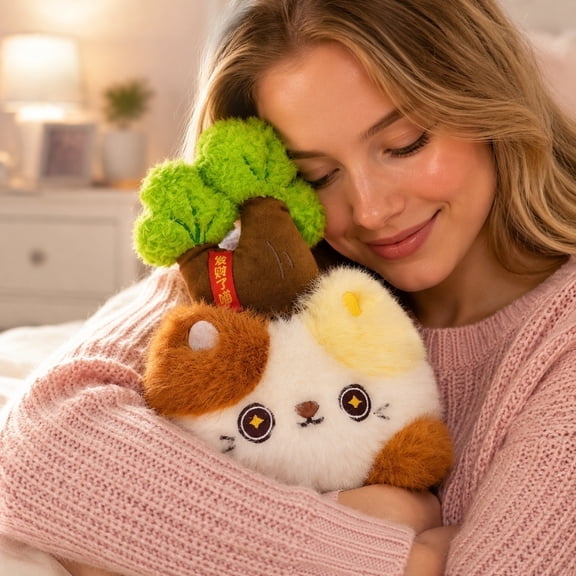 Kitten Plush, Cute Stuffed Animal, Cat in Pot Plush, Whimsical Plush, Peach Style 7X4 in Multi-Color Calico Cat Tree Plush, Soft Snuggly Small Plush, Perfect Nursery Accent Decor,