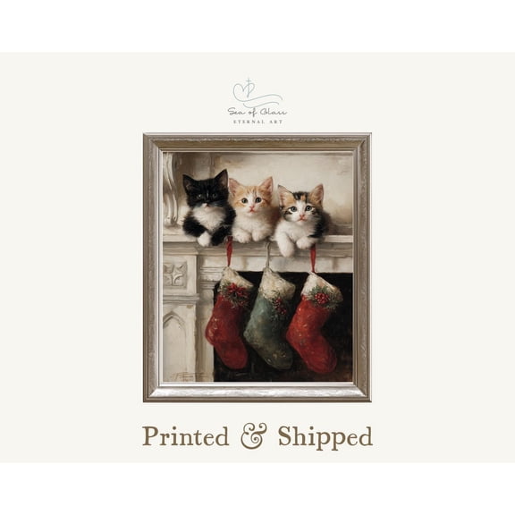 Kitten Print Poster, Three Kittens on Mantle Art,Wall Decor, Cozy Winter Style Art, Cat Lover , Festive Cottage Artwork, Stretched Canvas Size 8x12 F03.1.18l1209