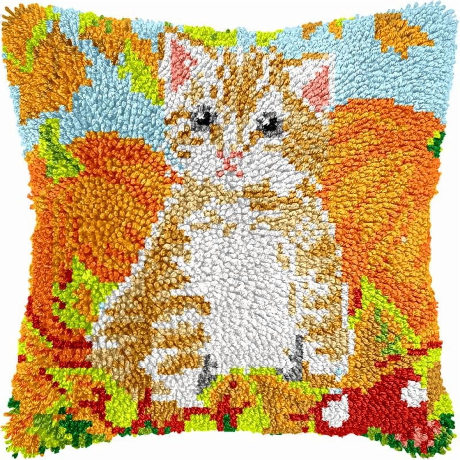 Kitten & Pumpkin Latch Hook Pillow Kits Cushion Pillowcase with Pattern Printed Canvas Sofa Hooking Pillows Crafts Embroidery Latch Hooking Crochet Kits 17x17 inch(64)