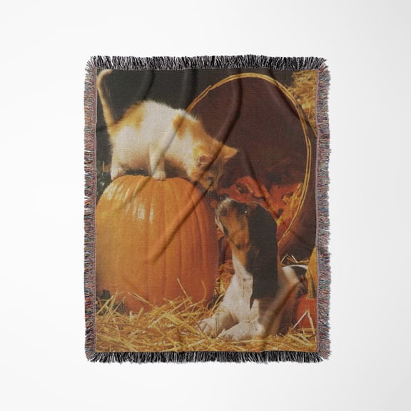 Kitten, Puppy And Pumpkin On Canvas, Woven Blanket
