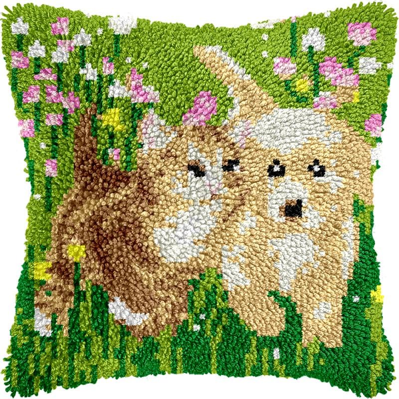 Kitten & Puppy Dog Latch Hook Pillow Kits Cushion Pillowcase with Pattern Printed Canvas Sofa Hooking Pillows Crafts Embroidery Latch Hooking Crochet Kits 17x17 inch(63)