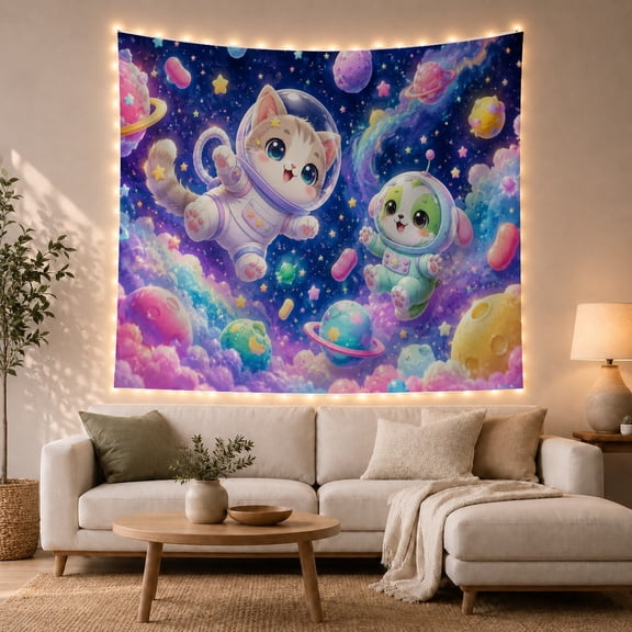 Kitten and Puppy in Galaxy with Ringed Planets, Whimsical Illustration for Animal Lovers, Cosmic Wall Art Decor, Birthday Gift Tapestry Wall Hanging for Bedroom and Living Room