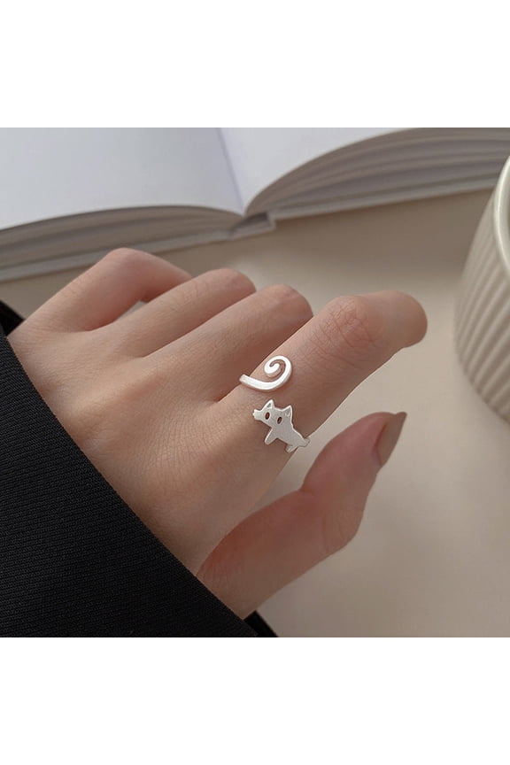 Womens Kitten Ring Animal Copper Ring with Electroplated Silver Finish Cute Frosted Cat Design Ring Cat Lover Jewelry