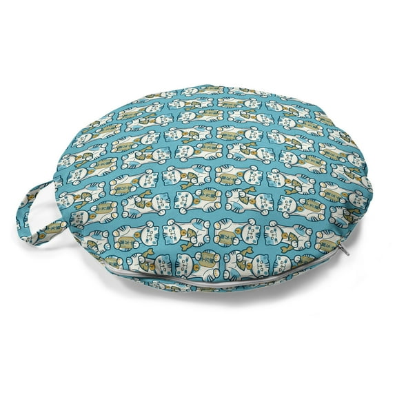 Kitten Round Floor Cushion with Handle, Repetitive Maneki Neko Japanese Fortune Cat Print, Decorative Pillow for Living Room & Dorms, 18" Round, Almond Green Sky Blue, by Ambesonne