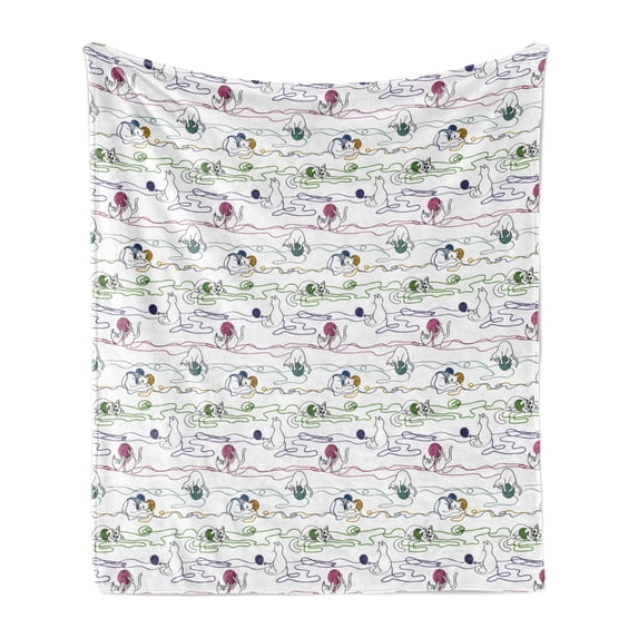 Kitten Soft Flannel Fleece Blanket, Hand Drawing Style Baby Cats Playing with Colorful Balls of Yarn Kitties Having Fun, Cozy Plush for Indoor and Outdoor Use, 50" x 70", Multicolor, by Ambesonne