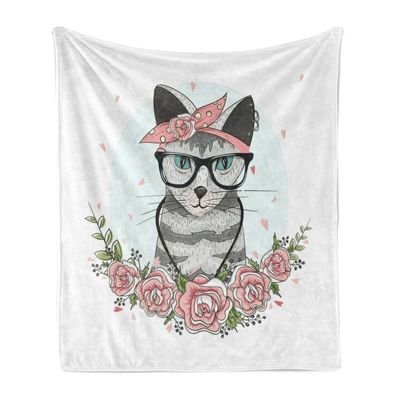Kitten Soft Flannel Fleece Blanket, Hipster Cool Cat with Spectacles Scarf Necklace Earrings and Flowers Little Hearts, Cozy Plush for Indoor and Outdoor Use, 50" x 60", Multicolor, by Ambesonne
