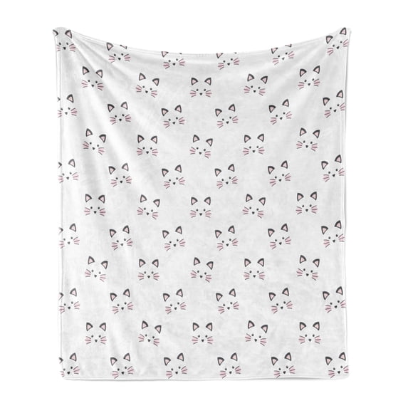 Kitten Soft Flannel Fleece Blanket, Sketching of a Blushing Cat Face Features Cartoon Style Hand Drawn Cat Whiskers, Cozy Plush for Indoor and Outdoor Use, 50" x 60", Grey Pale Pink, by Ambesonne