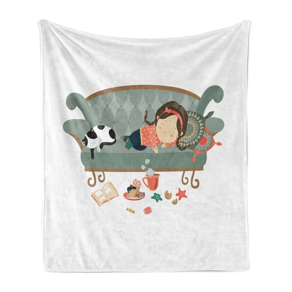 Kitten Soft Flannel Fleece Blanket, Sleeping Young Girl with Her Cat at Sofa Coffee Cookies Book and Candy Pastel Colors, Cozy Plush for Indoor and Outdoor Use, 50" x 70", Multicolor, by Ambesonne