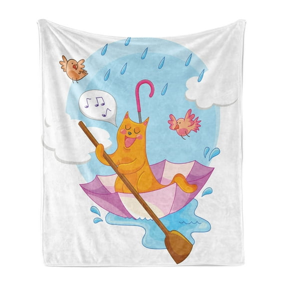 Kitten Soft Flannel Fleece Throw Blanket, Cat Under the Umbrella Sail in the Clouds and Humor Cartoon Kids Nursery Theme, Cozy Plush for Indoor and Outdoor Use, 50" x 60", Multicolor, by Ambesonne