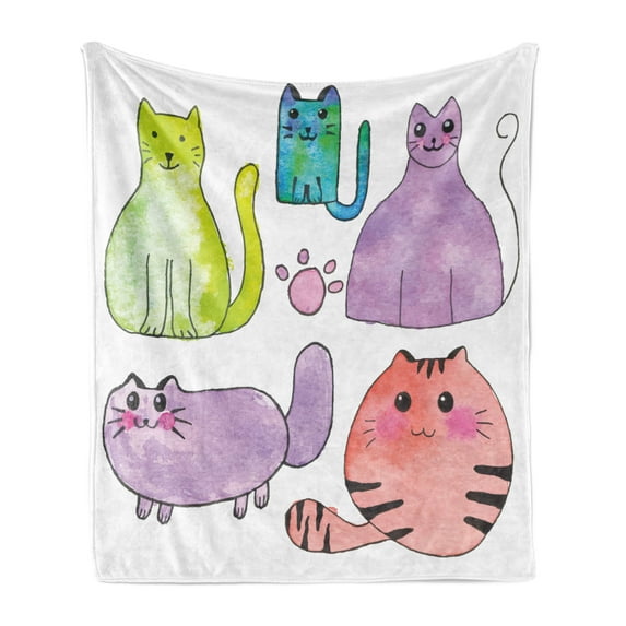 Kitten Soft Flannel Fleece Throw Blanket, Hand Drawn Colorful Cartoon Style Print Domestic Cats Pets Paws in Watercolors, Cozy Plush for Indoor and Outdoor Use, 70" x 90", Multicolor, by Ambesonne