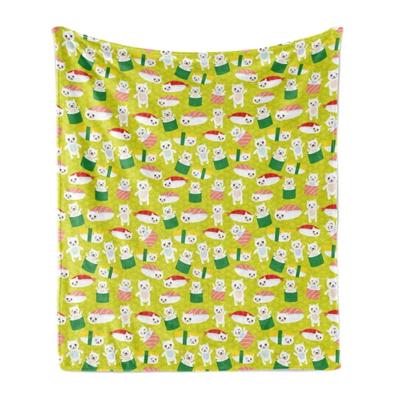 Kitten Soft Flannel Fleece Throw Blanket, Sushi Cat Japanese Neko Wrap Tasty World Cuisine Cartoon, Cozy Plush for Indoor and Outdoor Use, 50" x 60", Yellow Green Multicolor, by Ambesonne