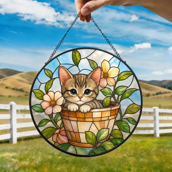 Kitten Stained Glass Suncatcher Window Hanging Acrylic Flower Pot Nursery Gift