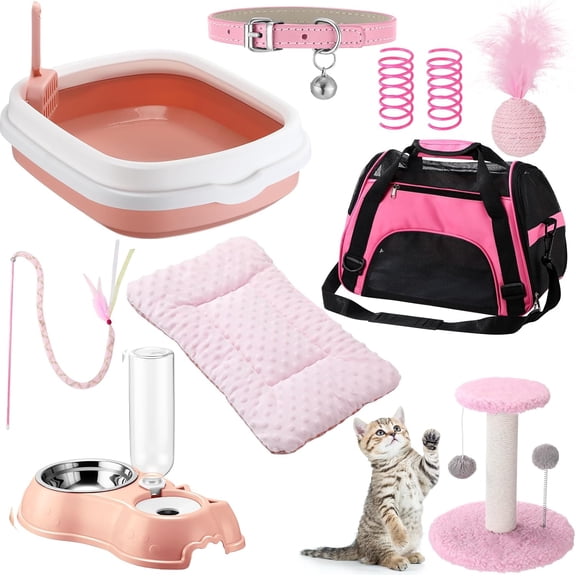 Kitten Starter Kit, 10 Pcs Cat Starter Kit for Indoor Cats Kitten Essentials Includes Litter Box, Pet Toy, Folding Carrier, Climbing Frame, Mat, Collar, Automatic Food Bow(Classic,Pink)