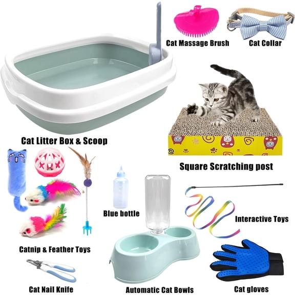 Kitten Starter Kit - 15 Piece Cat Essentials Set Includes Litter Box, Toys, Collars, Scratch Pad, Nail File, Automatic Feed Bowls, Grooming Gloves