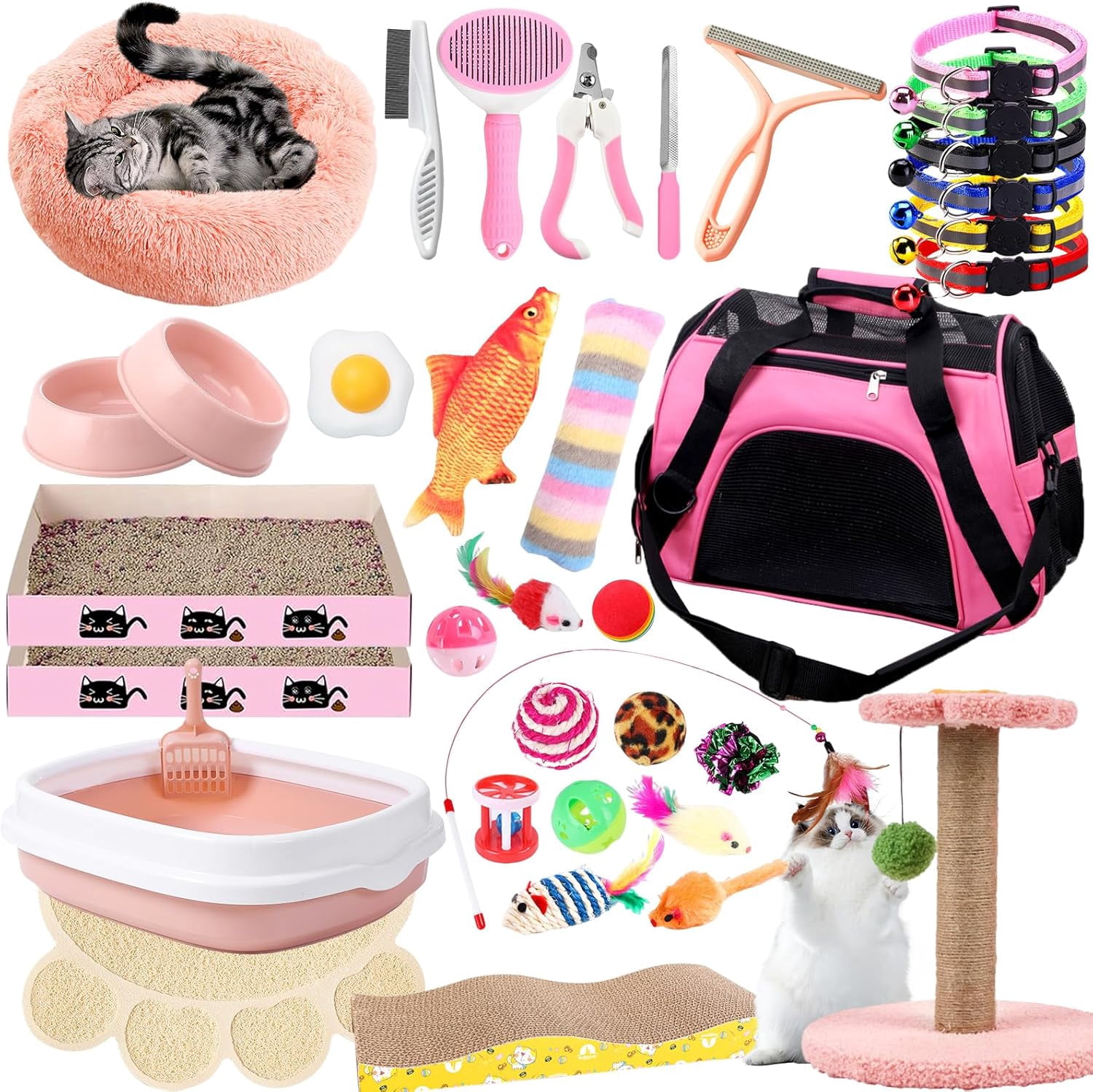 Tioncy 7-Piece Kitten Starter Kit - Litter Box, Mat, Bowls, Toys, Collar & More For Small Cats (Pink)