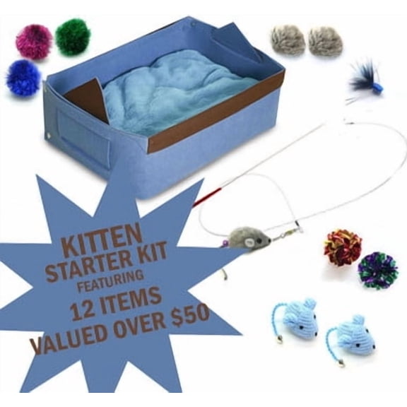 Kats'N Us Kitten Starter Kit with Bed (17.5" x 11" x 7") - Blue - Wand Teaser Set