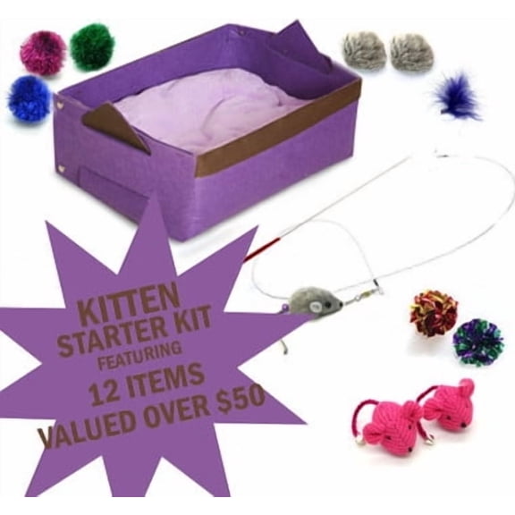 Kats'N Us Kitten Starter Kit with Bed (17.5" x 11" x 7") - Purple - Wand Teaser Set