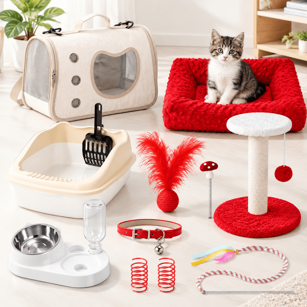 Kitten Starter Kit for Indoor Cats, Classic Red Small with 10 Pieces ...