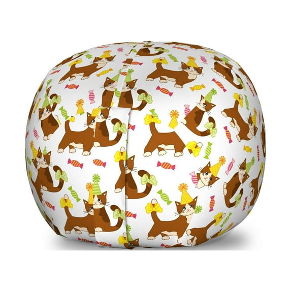 Kitten Storage Toy Bag Chair, Cartoon Style Cat Lover Pattern of Animal with a Party Hat and Sugars, Stuffed Animal Organizer Washable Bag, Large Size, White and Multicolor, by Ambesonne