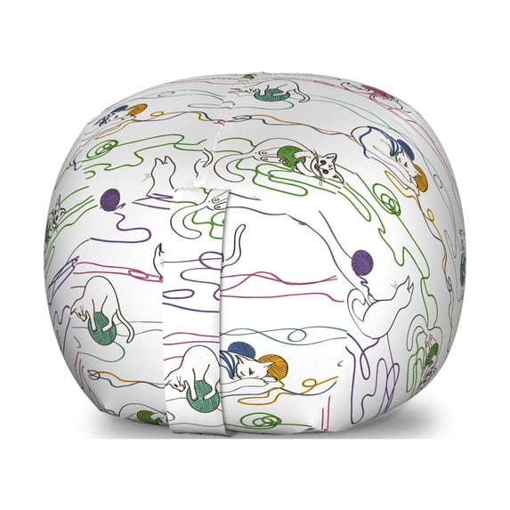 Kitten Storage Toy Bag Chair, Hand Drawing Style Cats Playing with Colorful Balls of Yarn Kitties Having Fun, Stuffed Animal Organizer Washable Bag, Large Size, Multicolor, by Ambesonne
