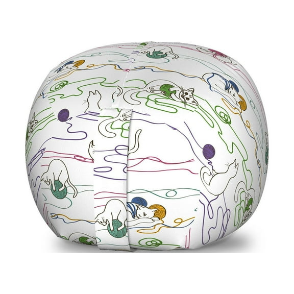 Kitten Storage Toy Bag Chair, Hand Drawing Style Cats Playing with Colorful Balls of Yarn Kitties Having Fun, Stuffed Animal Organizer Washable Bag, Small Size, Multicolor, by Ambesonne