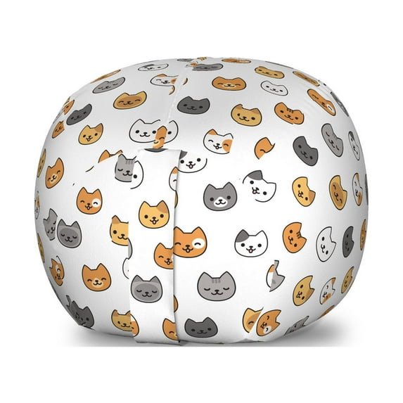 Kitten Storage Toy Bag Chair, Pattern of Cartoon Cats Different Breeds Colors with Smiling Faces, Stuffed Animal Organizer Washable Bag, Small Size, Ginger Mustard Grey, by Ambesonne