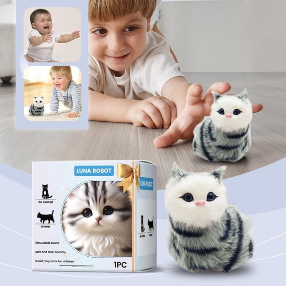 Kitten Stuffed Animal, Realistic Robot Cat, 8X6 in, Striped Gray Faux Fur, Cat toy for Kids, interactive Cat toy, Home Accent, 1 Pc
