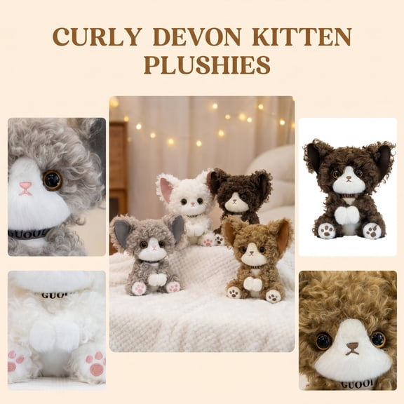 Kitten Stuffed Animal, Unique Devon Rex Curly Plush, Plush Kitten with Paw Print Design, Light Brown Cat Collar Plush, 7X4 Inch Compact Size Perfect for On-The-Go Play and