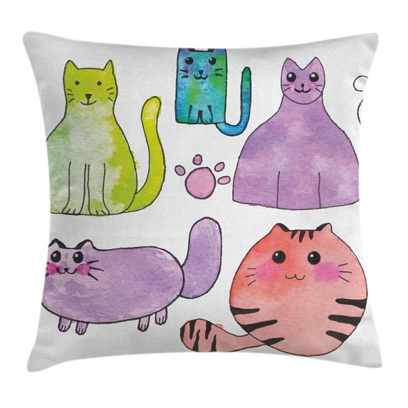 Kitten Throw Pillow Cushion Cover, Hand Drawn Set of Colorful Cartoon Style Cute Domestic Cats Pets Paws in Watercolors, Decorative Square Accent Pillow Case, 16 X 16 Inches, Multicolor, by Ambesonne