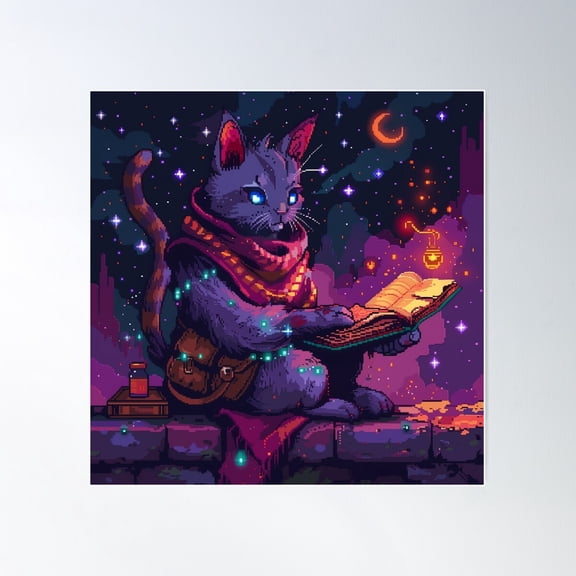 Kitten Witch Pixel Art Poster Wall Art, Modern Wall Decor For Living Room Bedroom, 16x16 UNFRAMED