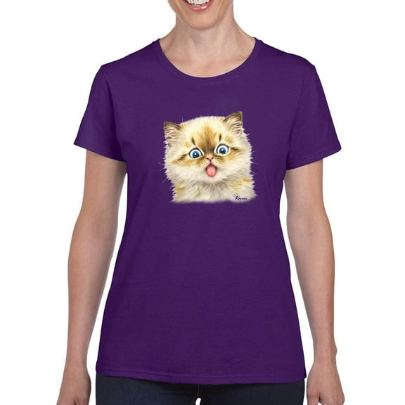 Kitten With Tongue Out T-Shirt Women -Kayomi Harai Designs, Female Medium