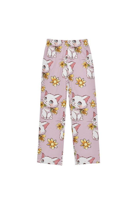 Kitten Yellow Flower Pattern Pajama Pants Soft Lightweight Lounge Pants Bottoms Sleep Pants Warm Comfy