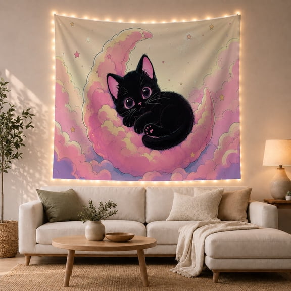 Kitten in Crescent Pink Clouds Dreamy Anime for Teen Girls, Cat Lover Wall Art Birthday Gift Tapestry Wall Hanging for Dorm, Bedroom