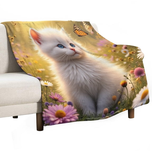 Kitten in Flower Garden Throws Blankets for Sofa Bed Winter Plush Warm Blanket Holiday Gifts