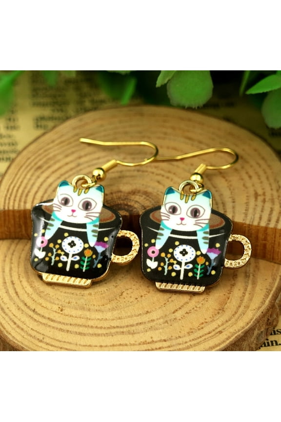 Kitten in a Mug Hook Earrings in 14K Gold Plated