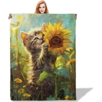 Kitten with Sunflower Throw Blanket 60x50, Cute Cat Blankets for Kids Room Decor, Soft Flannel Polyester Warm Cozy Gifts for Cat Lovers