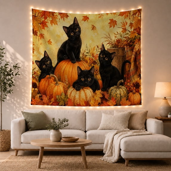 Kittens Bright Eyes with Posed Among Pumpkins Foliage, Playful Illustration for Cat Lovers, Animal Wall Decor, Halloween Gift, Tapestry Wall Hanging for Bedroom and Dorm