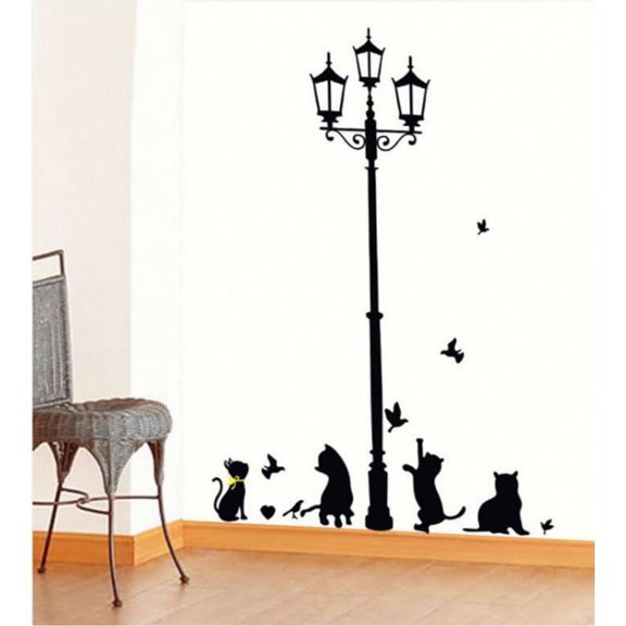Kittens and Butterflies Under the Street Lights Wall Decal Sticker - DIY PVC Removable Transparent Film Self-Adhesive Mural Art for Living Room, Bedroom, Kids Room, Nursery, TV, and Sofa Background