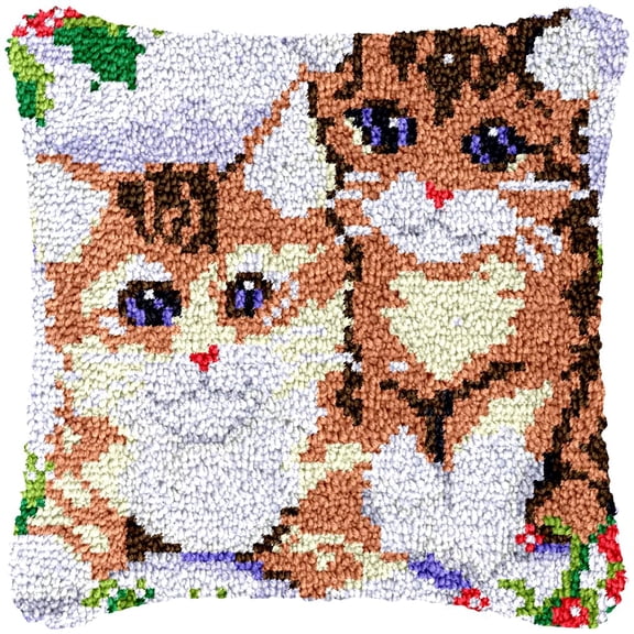 Kittens Cat Latch Hook Kits Pillow Cover DIY Rug Making Crochet Hook Cushion Making Kits with Preprinted Pattern Canvas DIY Needlework Crochet Kits Sofa Decor 43x43cm