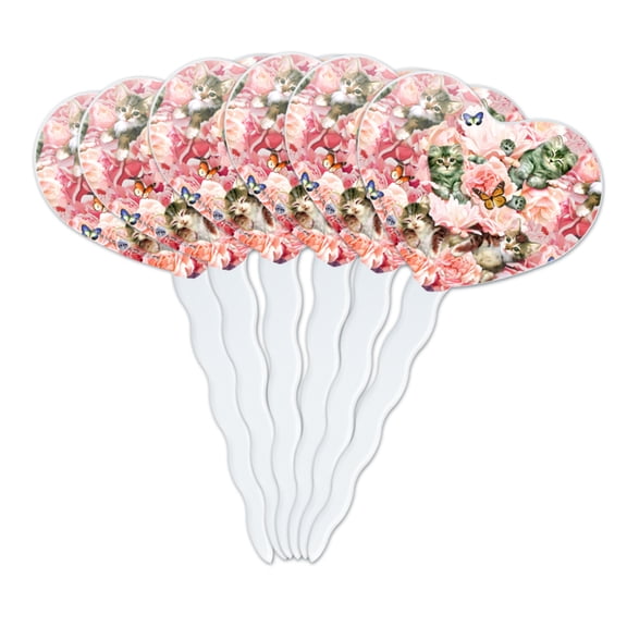 Kittens Cats Pink Flowers Butteflies Pattern Heart Love Cupcake Picks Toppers Decoration Set of 6