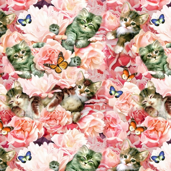 Kittens Cats Pink Flowers Butteflies Pattern Premium Roll Gift Wrap Wrapping Paper