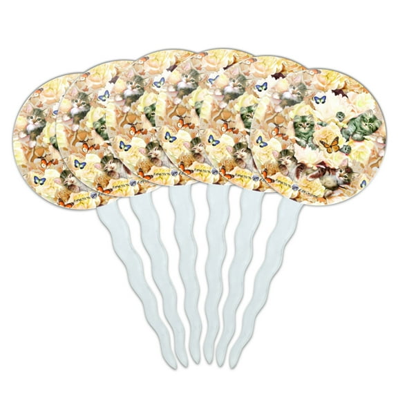 Kittens Cats Yellow Flowers Butterflies Pattern Cupcake Picks Toppers Decoration Set of 6