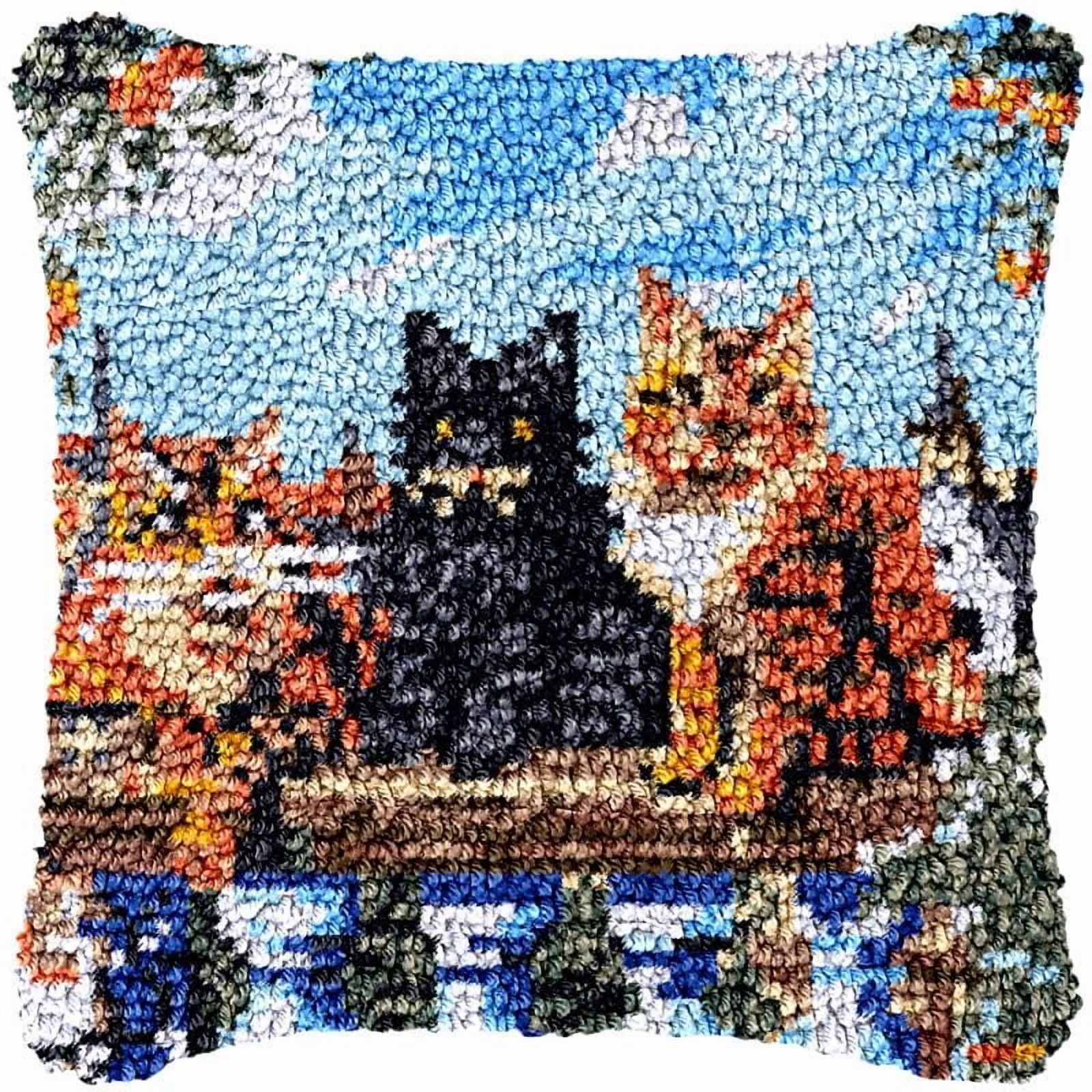 Kittens on Chair Latch Hook Pillow Cover Kits for DIY Handmade Throw Pillow Cross Stitch Latch Hook Pillowcase Rug Kits with Preprinted Color Pattern Canvas Crochet Yarn Kits 17''X 17''(ys10)