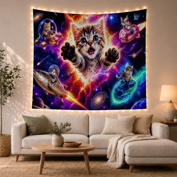 Kittens in Cosmic Nebula with Stars and Planets, Whimsical Digital Art for Cat Lovers, Fantasy Space Wall Decor, Housewarming Gift, Tapestry Wall Hanging for Bedroom and Living Room
