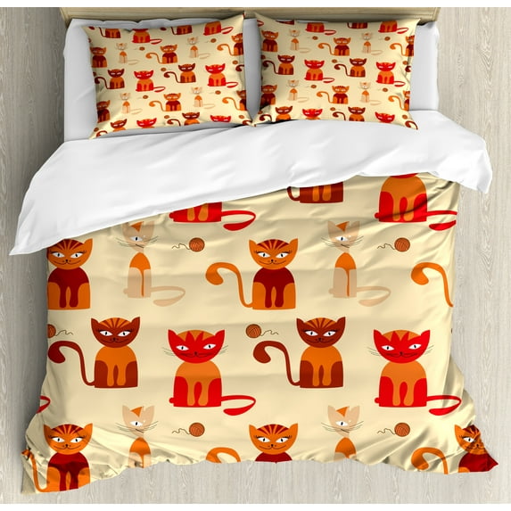 Kittens Duvet Cover Set, Continuous Pattern of Playful Smiling Cat and Balls in Paprika Orange Tones, Decorative 3 Piece Bedding Set with 2 Pillow Shams, King Size, Beige Multicolor, by Ambesonne