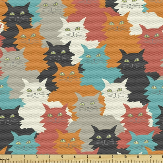 Ambesonne Kittens Fabric by the Yard Upholstery, Funny and Colorful Cats, 5 Yards, Multicolor