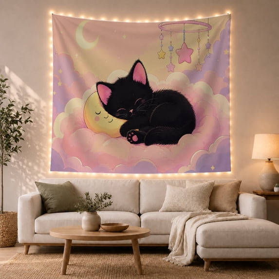 Black Kitten on Magenta Box Tapestry Wall Hanging