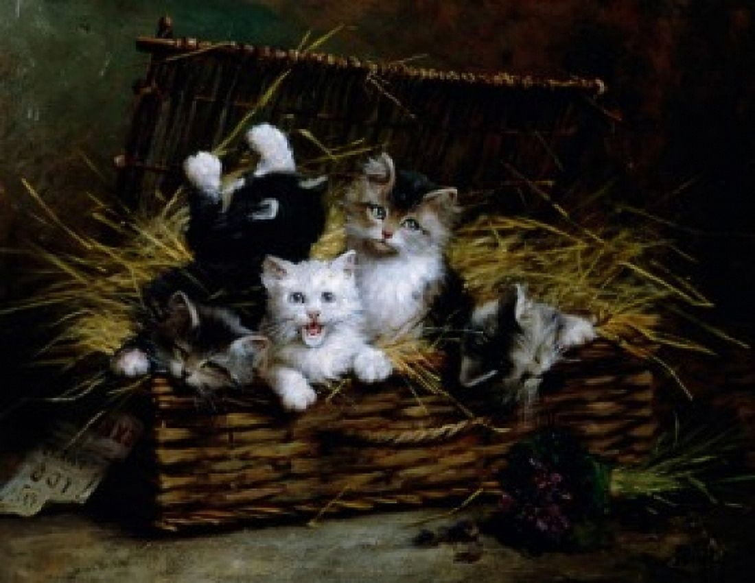 Kittens In A Basket by Leon-Charles Huber (1858-1928) Canvas Art - Leon-Charles Huber (24 x 36)