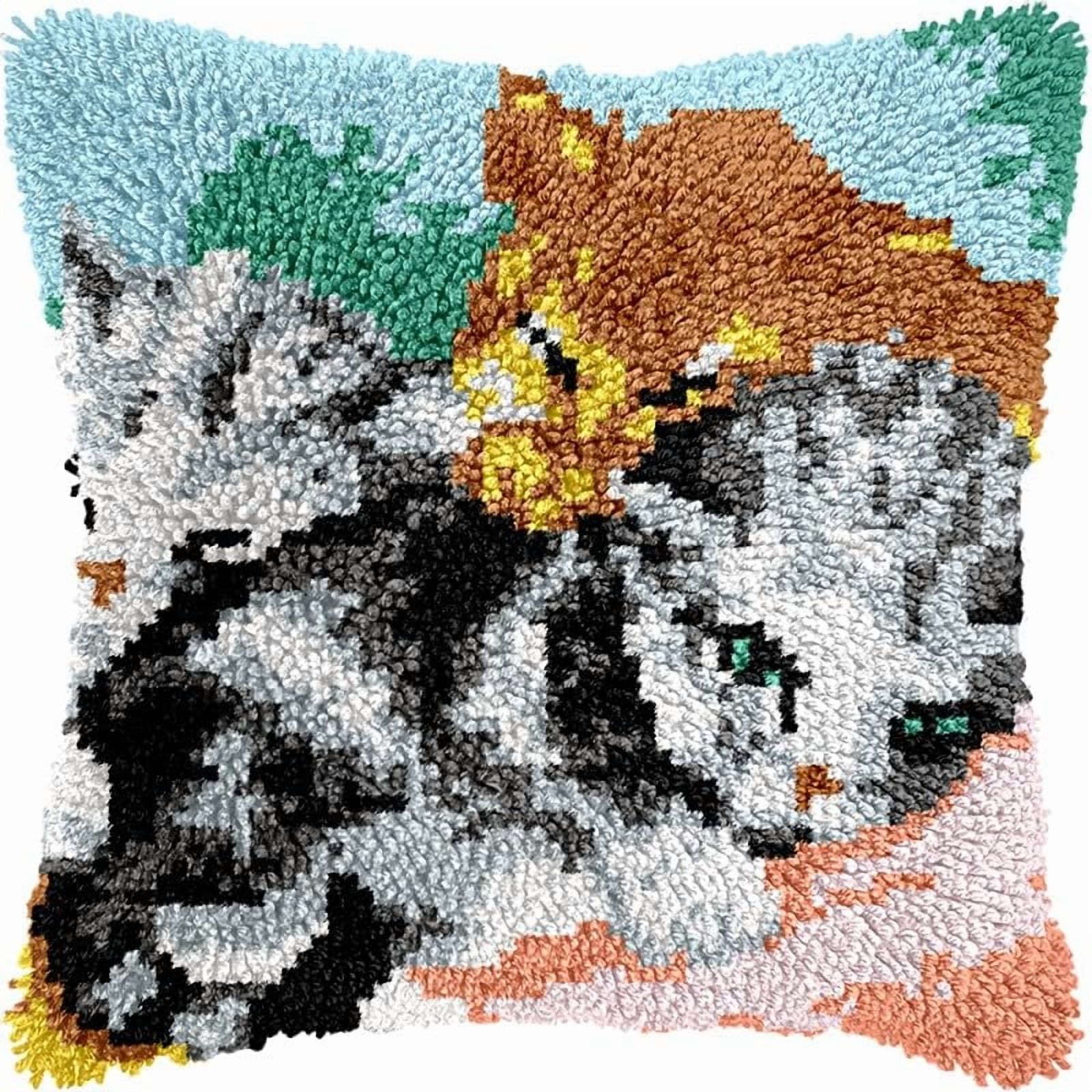 Kittens Latch Hook Pillows Kits Cushion Pillow Cover with Pattern Printed Canvas Sofa Hooking Pillowcase Crafts Embroidery Latch Hooking Crochet Kits Set 17x17 inch(1)