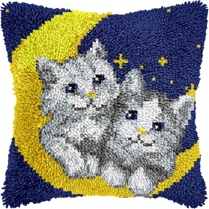 Kittens on Moon Latch Hook Pillow Kits Pillow Cover with Pattern Printed Canvas Crochet Cross Hooking Pillowcase Cushion Crafts Embroidery Latch Hooking Crochet Kits 17x17 inch(49)
